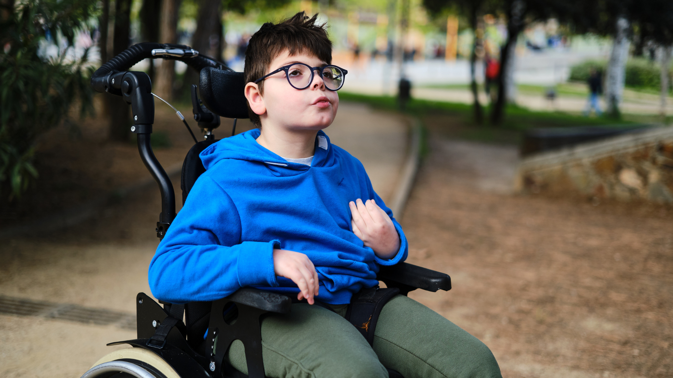 a boy in a wheelchair crossing a park